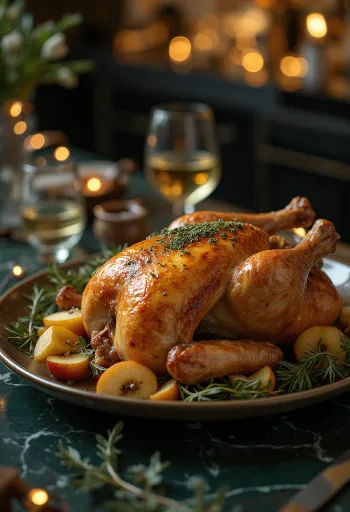 Ganso asado con relleno de salvia y verduras asadas