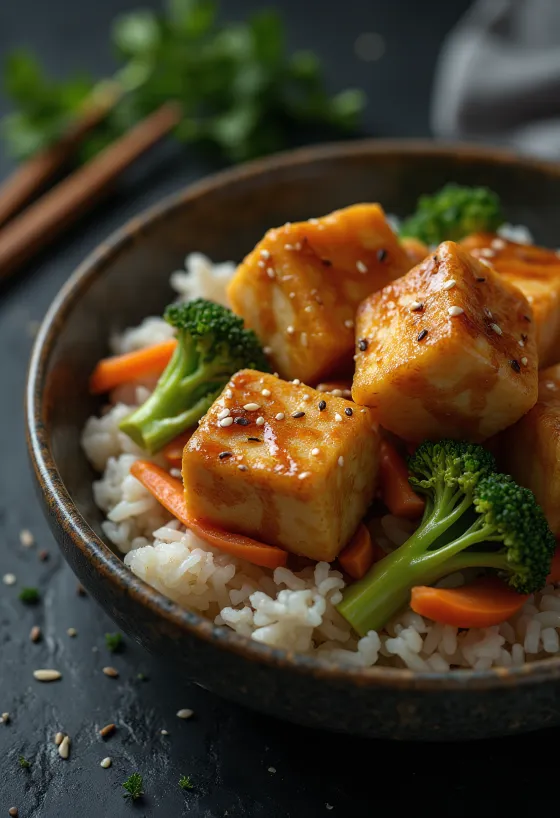 Tofu salteado servido con arroz y verduras