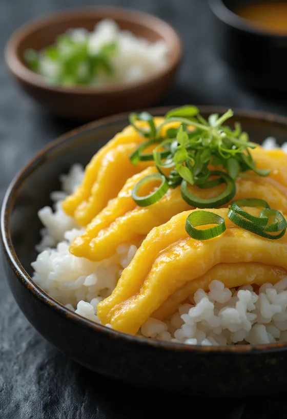 Arroz con Tamagoyaki, huevo fresco, servido sobre arroz, decorado con sésamo