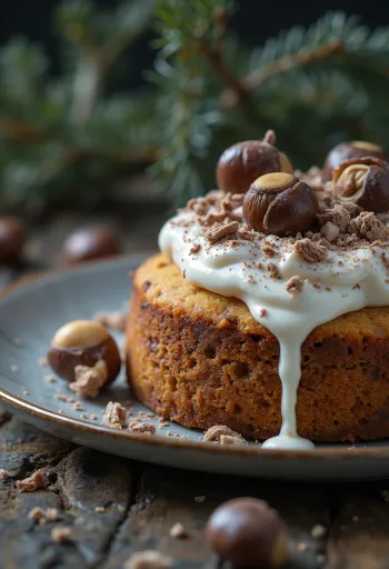 Tarta de castañas de invierno decorada con chocolate negro y nueces