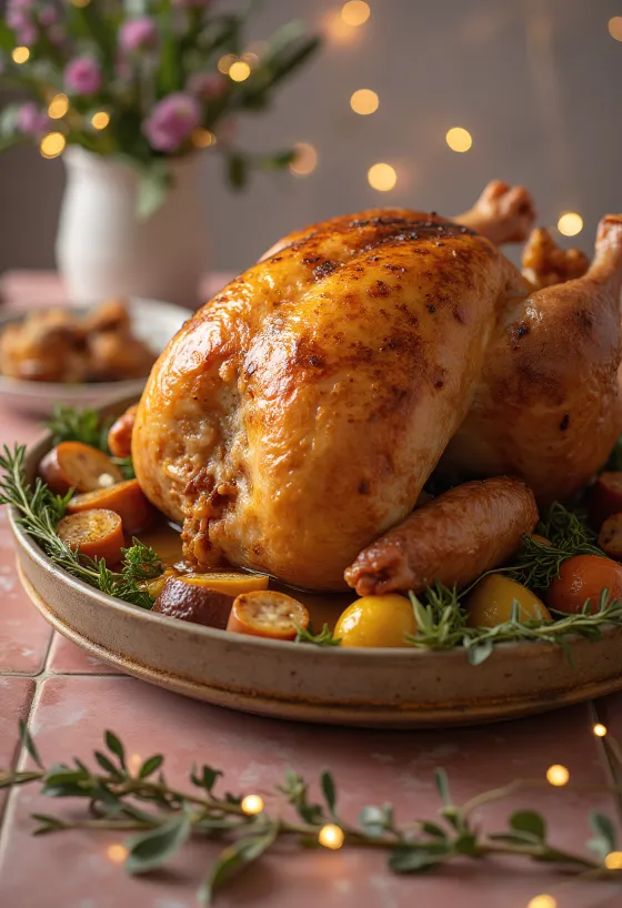 Pavo relleno asado al horno, con piel crujiente y rico relleno.