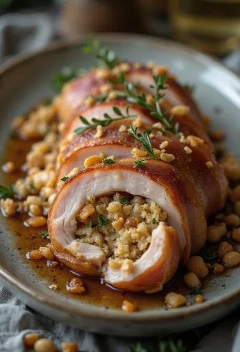 Jugoso lomo de cerdo asado relleno de hierbas frescas y queso fundido.