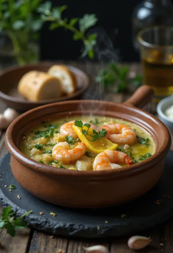 Açorda de gambas, trozos de pan fresco con gambas, ajo y perejil