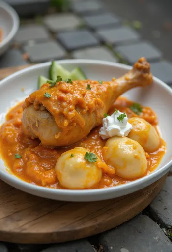 Pollo al pimentón con jugosos trozos de pollo, servido en salsa de pimentón y nata.