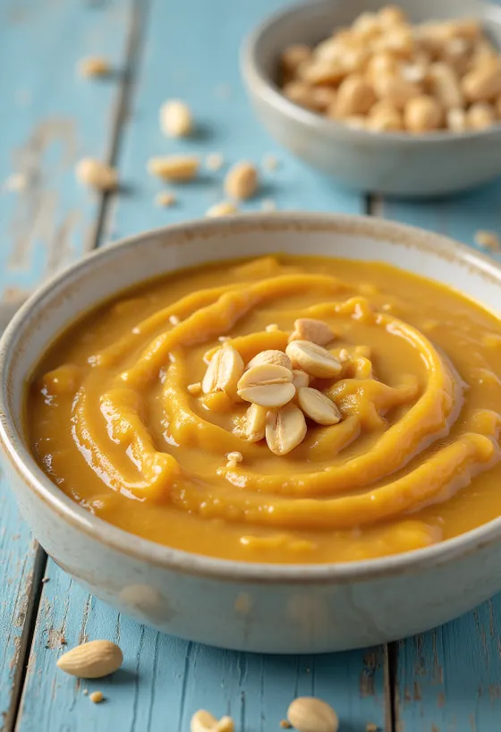 Salsa satay de cacahuete al curry servida en un cuenco con cilantro fresco.