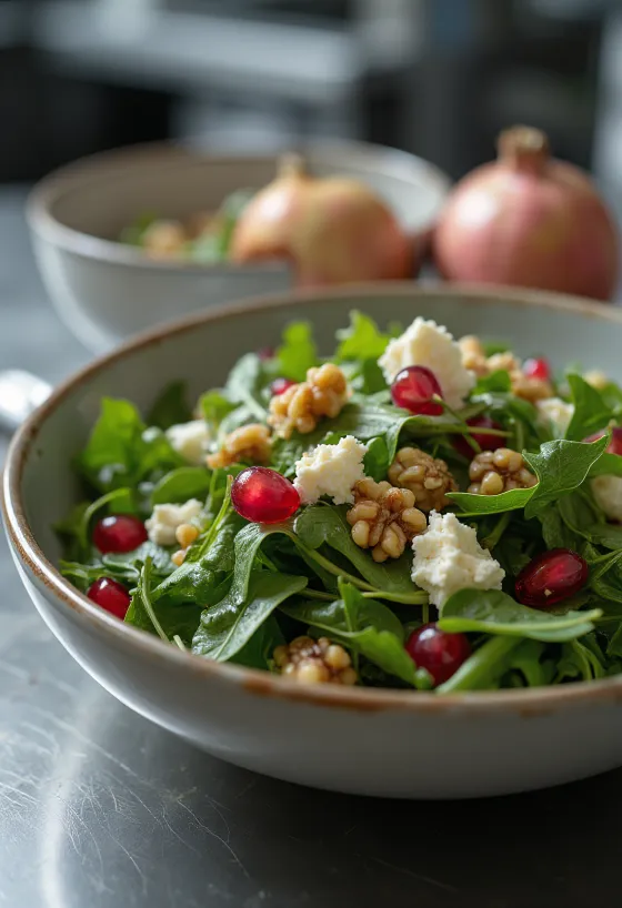 Ensalada de rúcula y granada con queso feta y nueces