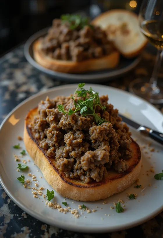 Haggis sobre tostada, haggis especiado servido con perejil fresco