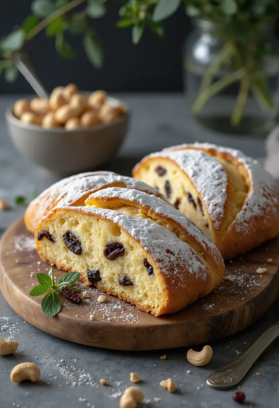 Stollen de anacardos rebanado espolvoreado con azúcar glas