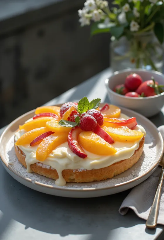 Tarta de bizcocho con frutas frescas y gelatina