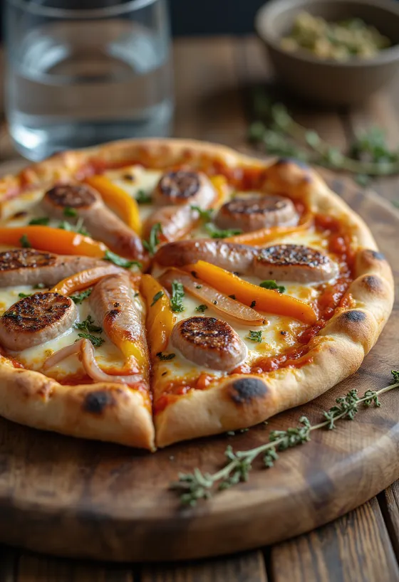 Pizza Viennese con salchicha austriaca, pimiento y mozzarella