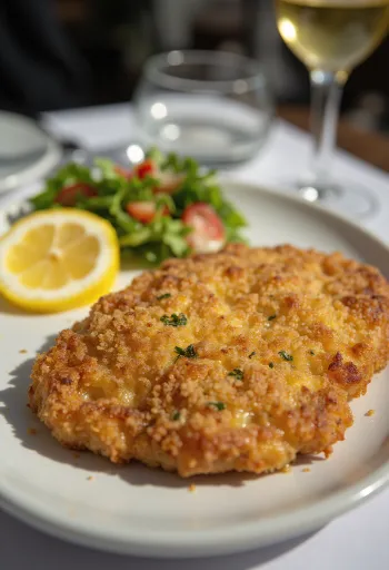 Escalope de cerdo empanado dorado y crujiente, servido con verduras frescas.