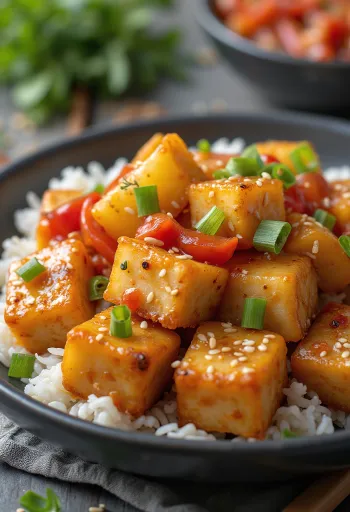 Tofu frito con salsa agridulce servido