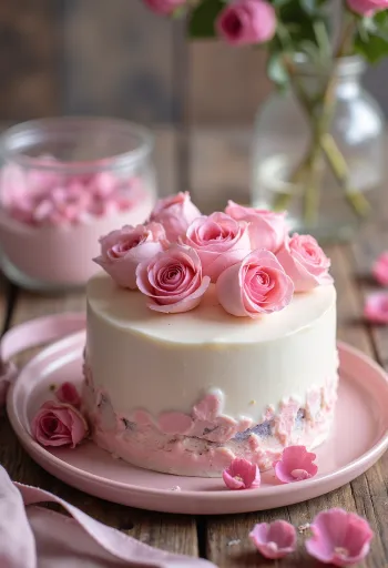 Tarta de rosas para San Valentín con cobertura de fondant blanco y pétalos