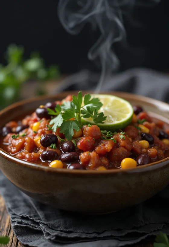 Chili vegano de alubias en salsa rica y especiada, decorado con cilantro fresco.