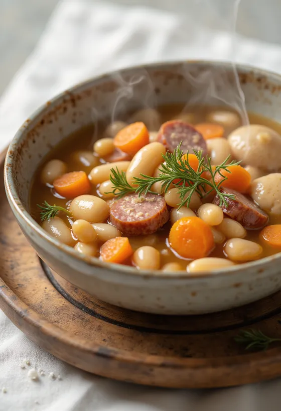 Tradicional sopa de alubias con pasta csipetke, servida con caldo de carne ahumada