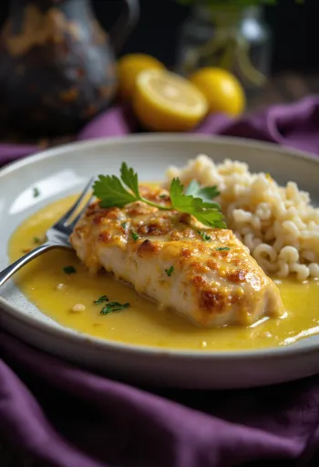 Pollo al limón servido con rodajas de limón fresco y hierbas aromáticas.