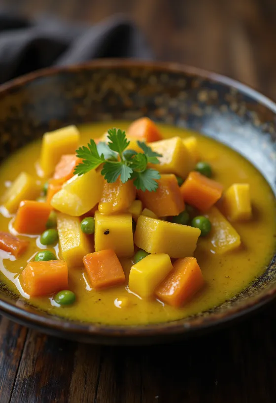 Salsa de curry con verduras en un cuenco, decorada con cilantro fresco.
