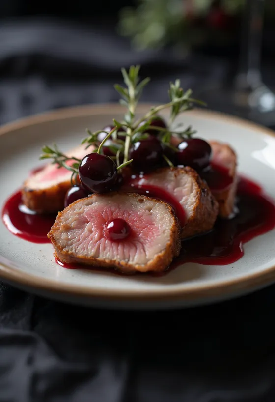 Magret de pato con salsa de cerezas servido elegantemente