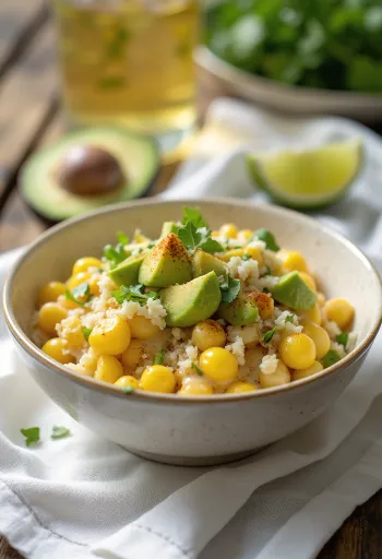 Esquites frescos y crujientes servidos con aguacate