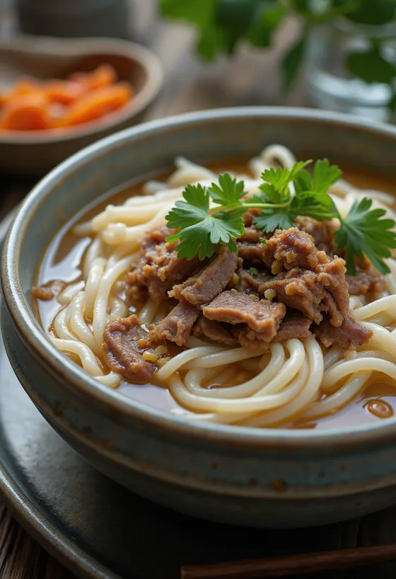 Hủ tiếu con ternera, servido con caldo rico y fideos de arroz