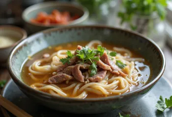 Hủ tiếu con ternera, servido con caldo rico y fideos de arroz