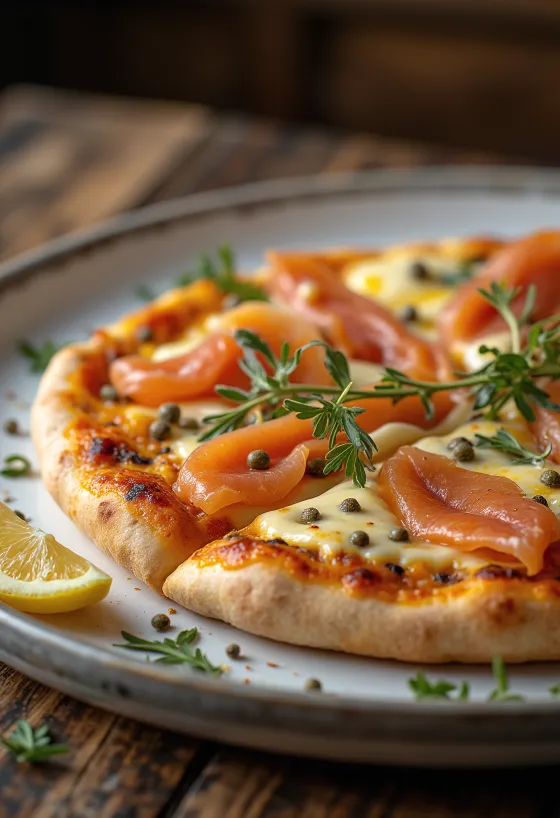 Pizza à la Norvégienne con salmón ahumado, alcaparras y nata fresca