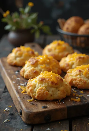 Pogácsa de queso horneada hasta dorarse, con capa de queso crujiente encima