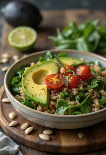 Buddha bowl de quinoa y espinacas con aguacate