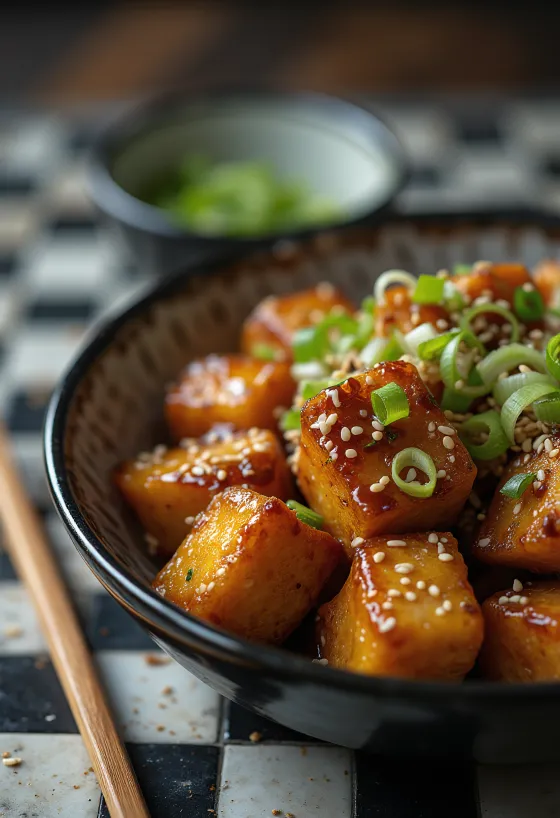 Tofu frito con salsa teriyaki servido
