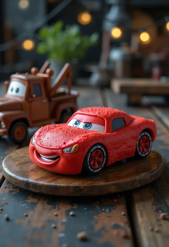 Tarta coche de carreras con cobertura de fondant rojo y decoración automovilística