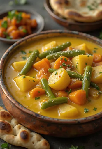 Curry de verduras con leche de coco servido