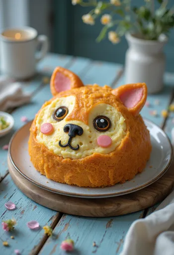 Tarta con forma de animal cubierta de fondant y decorada con virutas de chocolate