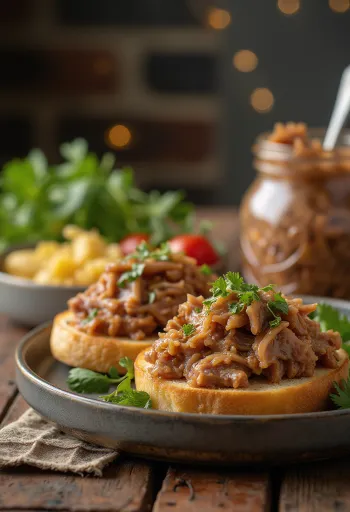 Rillettes de pato servido en tarro rústico con pan y pepinillos