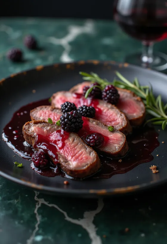 Filete de ciervo con salsa de frutos rojos servido con verduras.