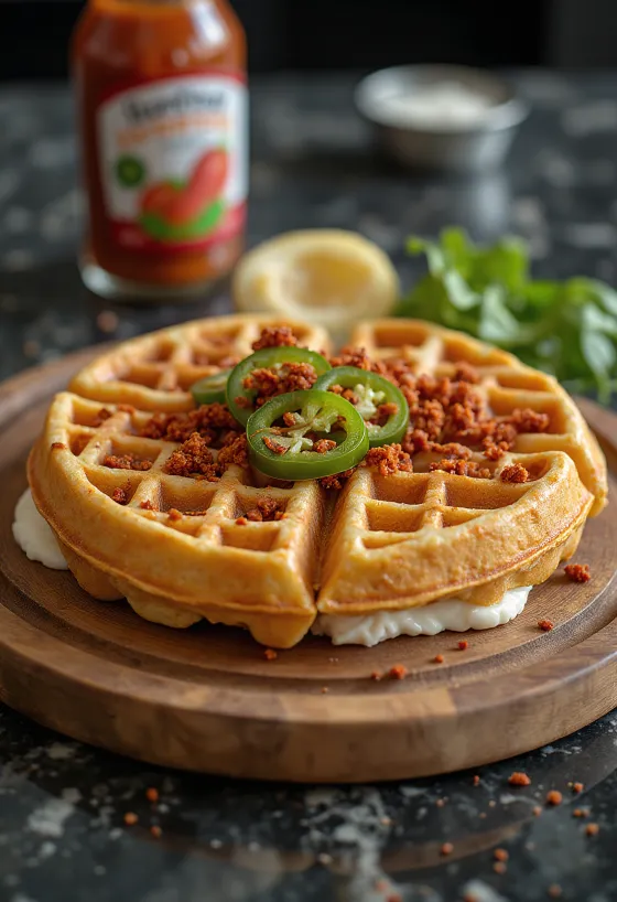 Gofres picantes extremos con jalapeño y queso cheddar servidos con crema agria