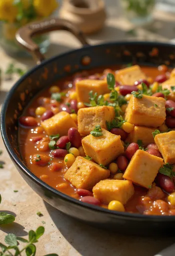 Tofu especiado con alubias servido