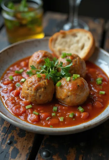 Albóndigas con tomate servidas en salsa densa y agridulce