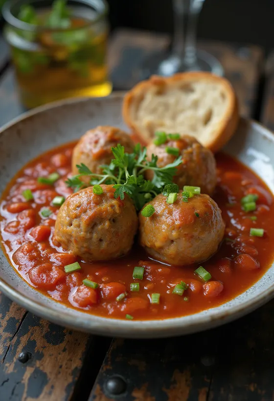 Albóndigas con tomate servidas en salsa densa y agridulce