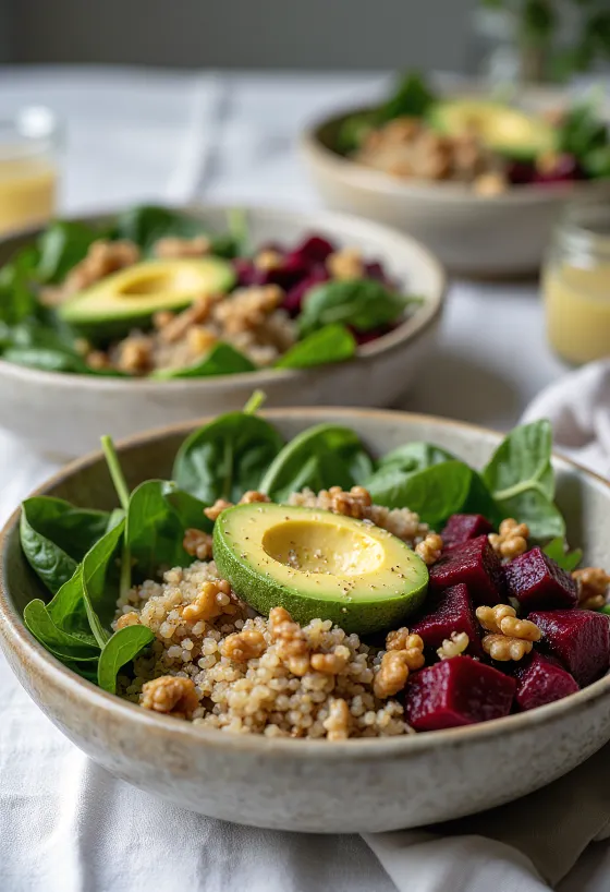 Buddha bowl de quinoa y espinacas con remolacha
