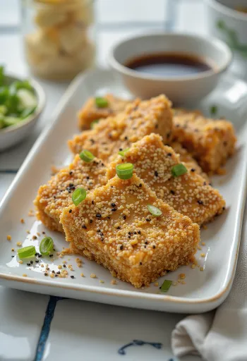 Tofu en costra de sésamo, frito crujiente y dorado, servido con verduras.