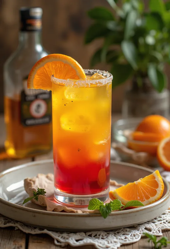 Cóctel Tequila Sunrise decorado con rodaja de naranja y cereza