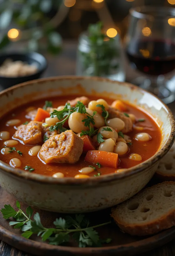 Goulash de judías tradicional servido con abundantes verduras y carne ahumada