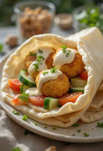 Falafel en pan de pita con verduras frescas y salsa tahini