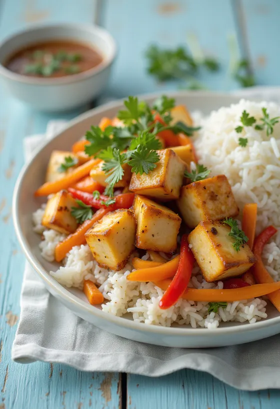 Salteado de tofu picante con arroz y verduras servido