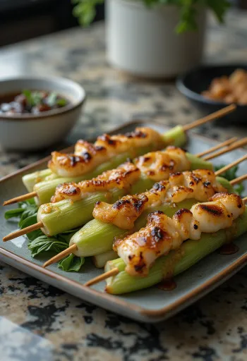 Ikada yakitori, brochetas de puerro servidas con semillas de sésamo y cebolleta fresca