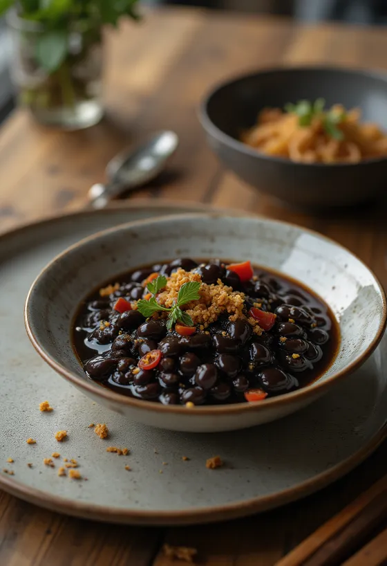 Salsa de judías negras servida con arroz