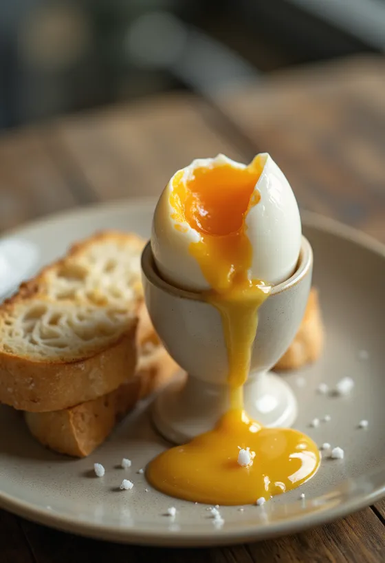 Huevo pasado por agua recién hecho, servido para el desayuno.