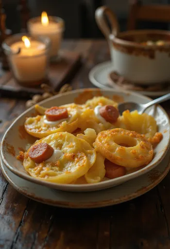 Patatas gratinadas en capas con chorizo y huevo, cubiertas de nata.