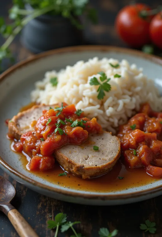 Aguja de cerdo con lecsó y arroz servido