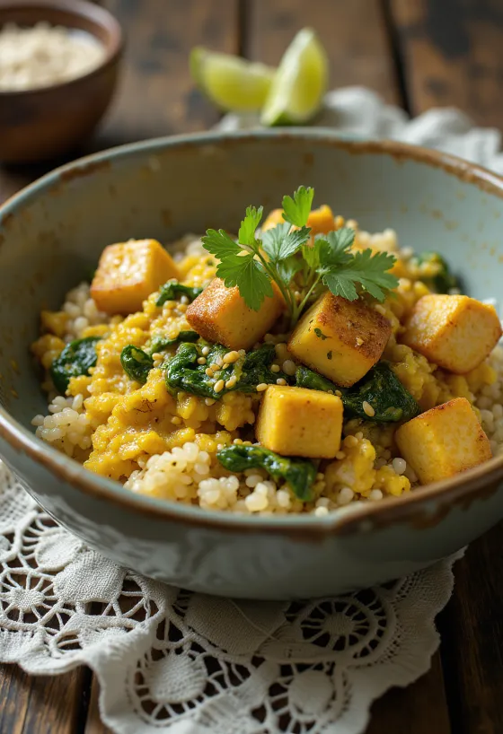 Curry de quinoa y espinacas con tofu